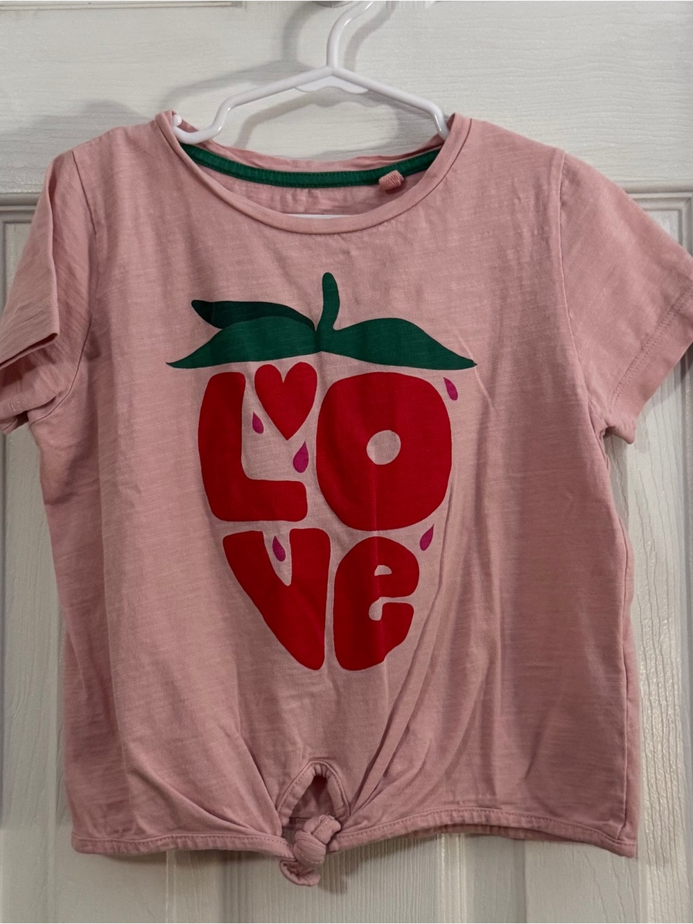 Mini Boden Girl Pink Tee with Red 'LOVE' Strawberry Graphic and Green Leaves
